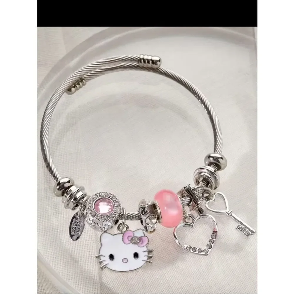 Hello Kitty Pink & Silver Charm Bangle Bracelet
